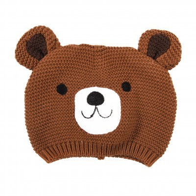 Gorro infantil castanho de malha com orelhas de urso e rosto bordado