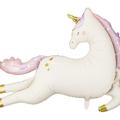 Balão unicórnio inflável branco com crina rosa e lilás, cascos dourados e decoração de estrelas.