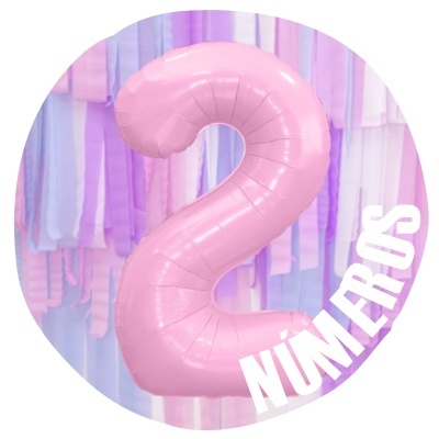 Balão número 2 cor-de-rosa com texto NÚMEROS em fundo de fitas lilás