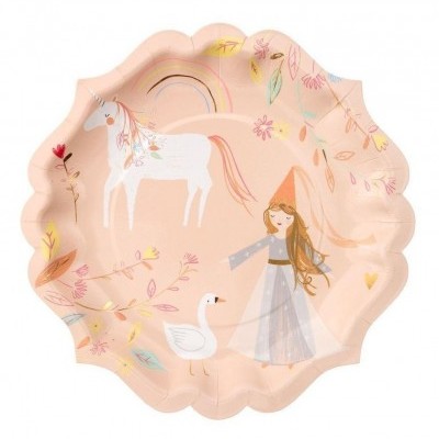 Prato de papel rosa com ilustrações de unicórnio, cisne, rapariga e flores