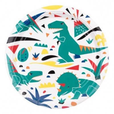 Prato de papel com ilustração colorida de dinossauros e plantas