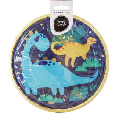 Conjunto de 8 pratos descartáveis com dinossauros coloridos em fundo azul escuro