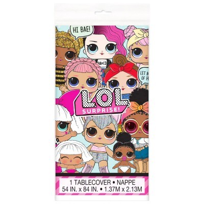 Cobertura para mesa LOL Surprise com personagens coloridas e texto das dimensões.