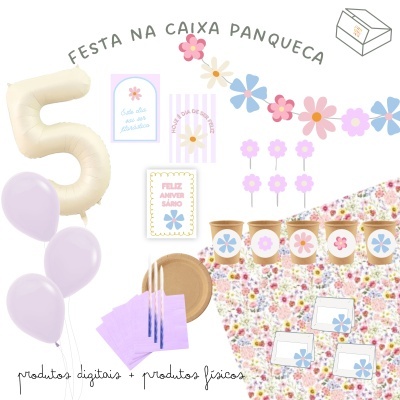 Artigos para festa com tema floral e cores lilás, creme e rosas