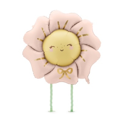 Balão metálico em forma de flor com rosto sorridente e pétalas cor de rosa
