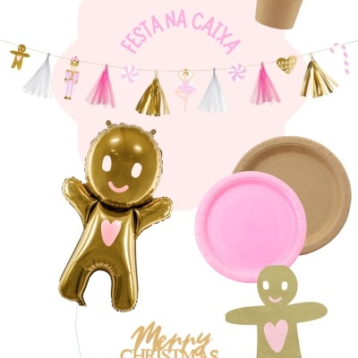 Conjunto de decoração de festa com balão dourado, pratos rosa e castanha, guirlanda decorativa e texto festivo