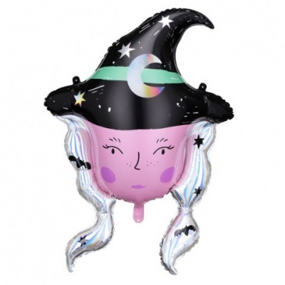 Balão metálico em forma de cabeça de bruxa com chapéu preto e cabelo prateado