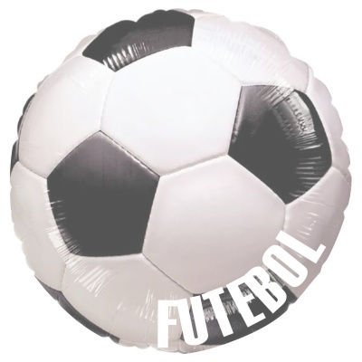 Bola de futebol insuflável decorativa preto e branco com texto 'FUTEBOL'