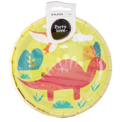Pratos descartáveis amarelos com dinossauro cor-de-rosa e elementos coloridos