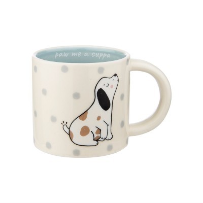 Caneca de cerâmica branca com pontos cinzentos e desenho de cão