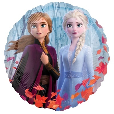 Balão redondo com Anna e Elsa do Frozen e folhas laranjas ao redor