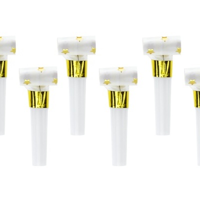 Seis apitos de festa brancos com detalhes dourados