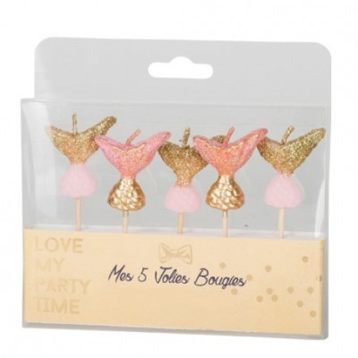 Cinco velas decorativas rosa e douradas em forma de cauda de sereia em embalagem transparente