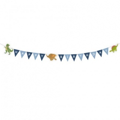Cordão decorativo azul e branco com letras HAPPY BIRTHDAY e dinossauros