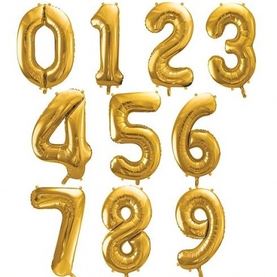 Balões dourados em formato de números de 0 a 9