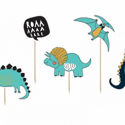 Toppers de bolo com desenhos de dinossauros e texto ROAR.