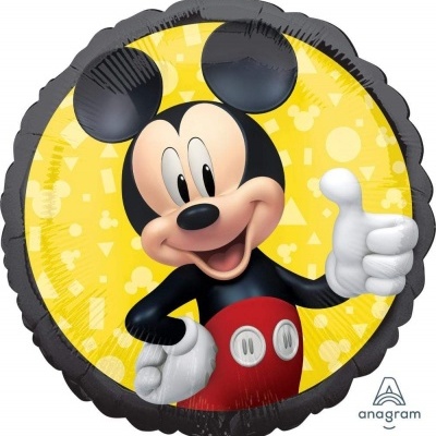 Balão redondo de alumínio com Mickey Mouse e fundo amarelo com silhuetas.