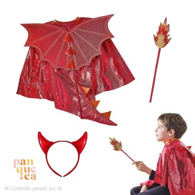 Fantasia de dragão vermelho com capa, rabo, diadema com chifres e bastão com chama