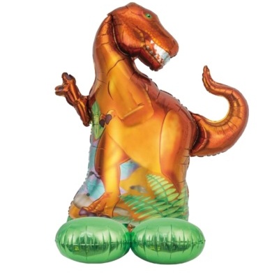 Balão metálico laranja em forma de dinossauro T-Rex com base verde