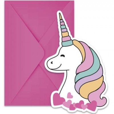 Cartão de unicórnio branco com crina colorida e envelope cor-de-rosa
