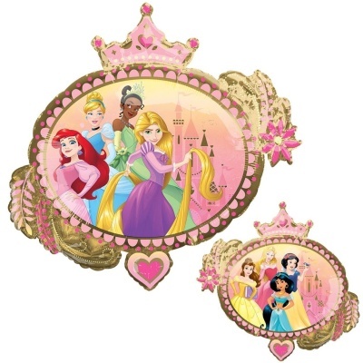 Balões de festa com princesas da Disney em fundos coloridos com castelos