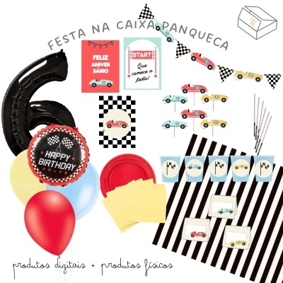 Conjunto de decoração para festa de aniversário com tema de carros de corrida em várias cores e acessórios assortidos