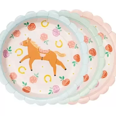 Conjunto de pratos descartáveis coloridos com desenho de cavalo e flores