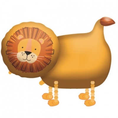 Balão em forma de leão laranja com crina castanha e patas penduradas