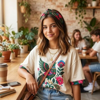 Mulher jovem com t-shirt branca com estampa colorida de pássaro e flores, sentada em café com plantas ao fundo.