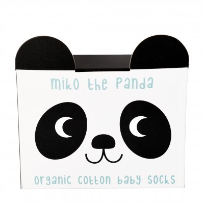Caixa branca com rosto de panda e texto miko the panda e organic cotton baby socks