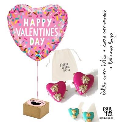 Balão coração rosa com texto, caixas coração com detalhes, saco de pano e caixa pequena