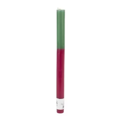 Vela cilíndrica bicolor vermelha e verde com etiqueta branca