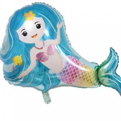 Balão metálico azul e colorido em formato de sereia com peixe amarelo.
