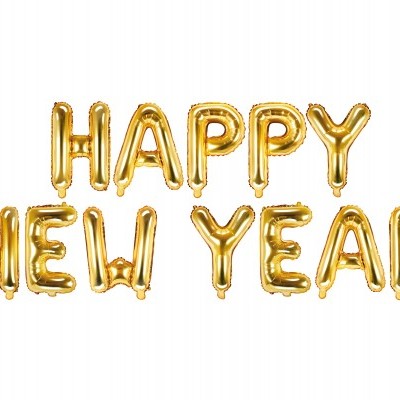 Balões dourados com letras HAPPY NEW YEAR