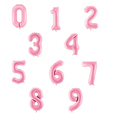 Balões rosa em forma dos números de 0 a 9