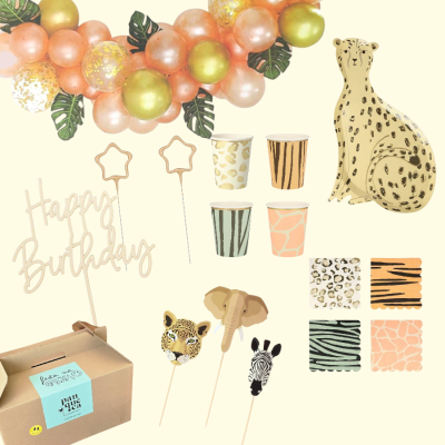 Kit de decoração de festa com balões, copos, guardanapos e toppers com padrões animais e figura de leopardo em cartão.