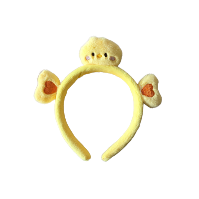 Arco de cabelo de pelúcia amarelo com pintainho e corações laranja