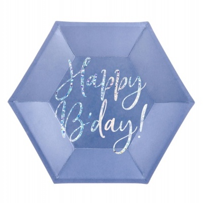 Prato hexagonal azul claro com texto 'Happy Bday!' prateado