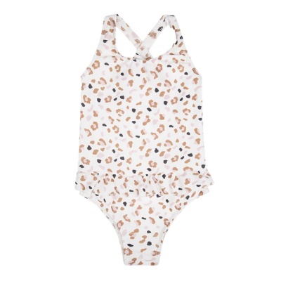 Maiô infantil branco com manchas castanhas e pretas e alças cruzadas
