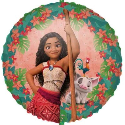 Balão redondo com imagem da personagem Moana e animais, flores e folhas verdes ao redor.