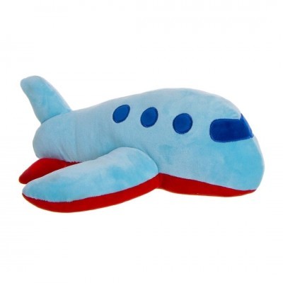 Peluche de avião azul claro com detalhes vermelhos e azuis