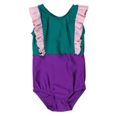 Fato de banho infantil verde, rosa e roxo com folhos nas alças