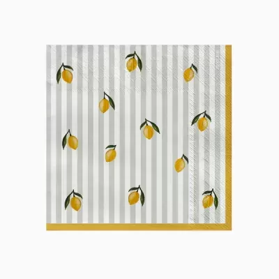 Guardanapo de papel com riscas cinza e limões amarelos
