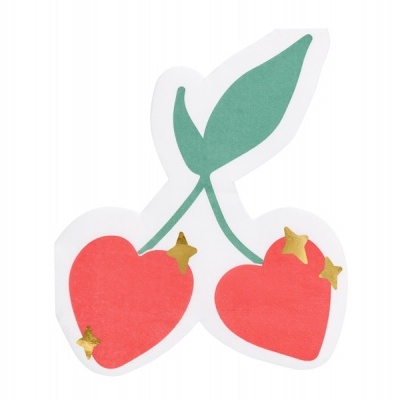 Figura decorativa de dois morangos vermelhos com folhas verdes e detalhes dourados