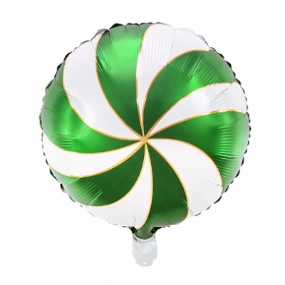 Balão redondo metálico com padrão espiral verde, branco e dourado