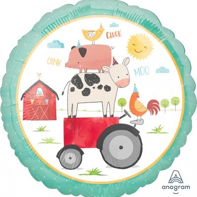 Balão redondo de festa com desenho de animais da quinta e trator em fundo branco e borda verde