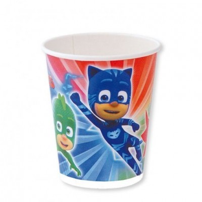 Copo de papel colorido com personagens da série PJ Masks