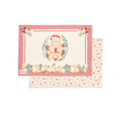 Dois placemats de tecido com padrão natalício de bolachas de gengibre e azevinho
