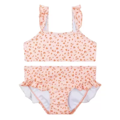 Bikini infantil rosa com manchas castanhas e folhos nas alças e laterais da cueca