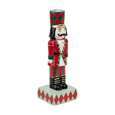 Estátua de soldado de metal pintado às cores vermelho, verde, dourado e preto